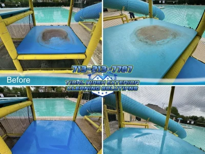 Lower water slide platform softwash stain cleaning in Westbranch Houston TX HOA pool area