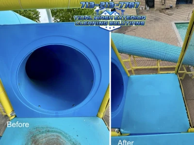 Upper water slide platform softwash stain removal in Westbranch Houston TX community pool