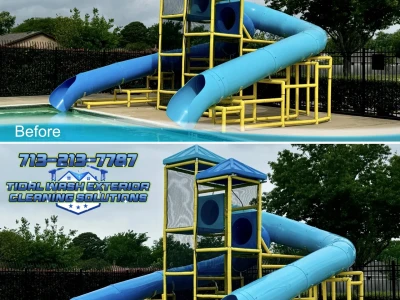 Water slide tube softwash before and after in Westbranch Houston TX on Raindrop Hollow Drive