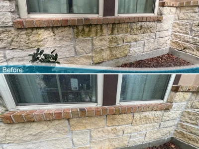Window ledge stone and brick algae cleaning before and after in Pearland TX