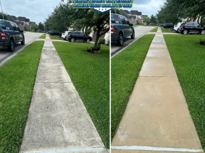 Before and after sidewalk concrete cleaning in Pearland TX by Tidal Wash