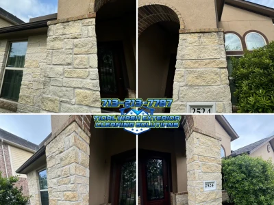 Stone brick front entry cleaning before and after in Pearland TX by Tidal Wash