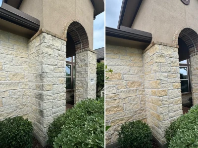 Before and after house brick and stone corner cleaning in Pearland Highland Glen