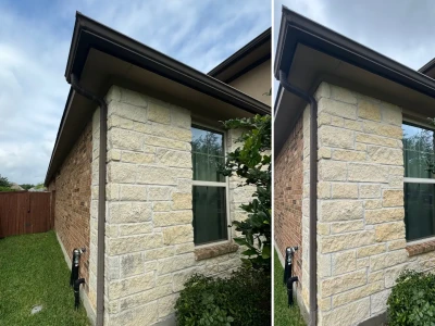 Before and after stone brick home softwash cleaning in Pearland TX by Tidal Wash