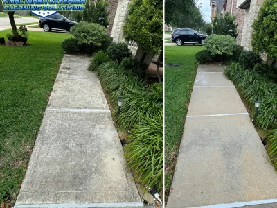 Front walkway and sidewalk cleaning before and after in Pearland TX subdivision