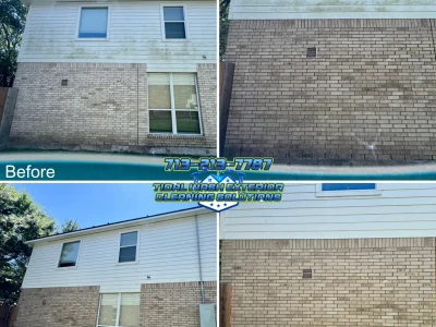 Multi-angle comparison of Hardie Plank siding and brick soft washing on a Pearland Sunrise Lakes home