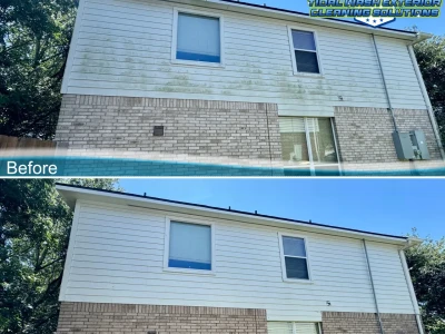 Before and after soft washing of Hardie Plank siding and brick on a Pearland home in Sunrise Lakes
