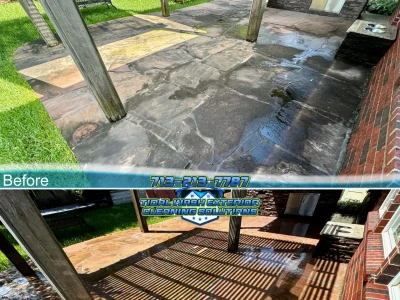 Before-and-after backyard stone-grid patio cleaning for a League City home exterior refresh.