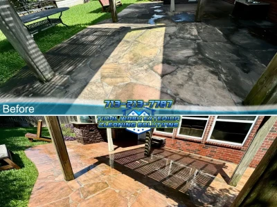 Before-and-after stone-grid backyard patio cleaning in Westover Park, League City, TX.