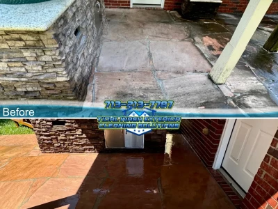 Before-and-after stone walkway cleaning for a residential exterior refresh in League City.