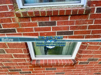 Before-and-after brick house washing around a window on a Westover Park home in League City.