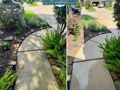 Before-and-after front entry concrete walkway cleaning from a second angle in League City.