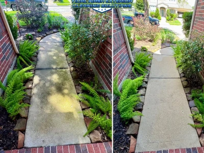 Before-and-after front entry concrete walkway cleaning for a Westover Park residence.