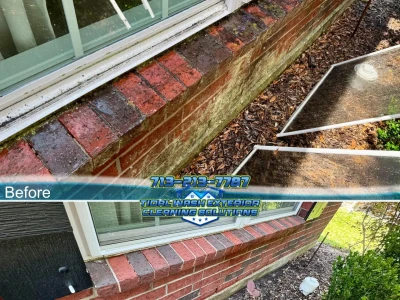 Before-and-after brick cleaning around a window and screen area with visible exterior organic growth.