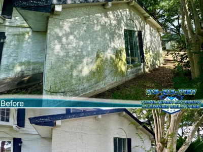 Before and after Pasadena soft wash cleaning of siding and eaves with visible organic growth