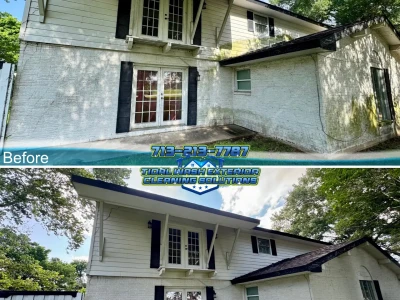 Before and after soft wash results on Hardie Plank siding and painted brick in Pasadena