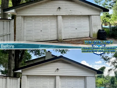 Garage view before and after Pasadena soft wash cleaning on painted brick and exterior surfaces