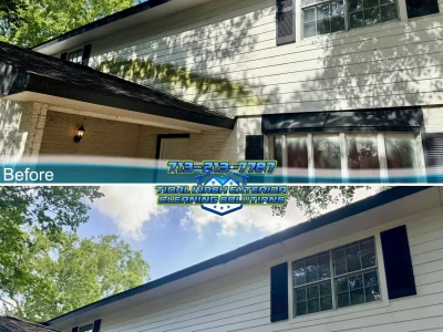 Hardie board siding before and after Pasadena house wash for heavy organic growth removal