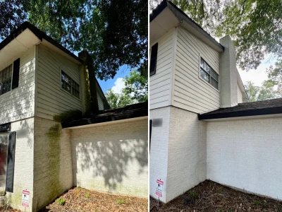 Pasadena house soft wash before and after on painted brick and Hardie Plank siding surfaces