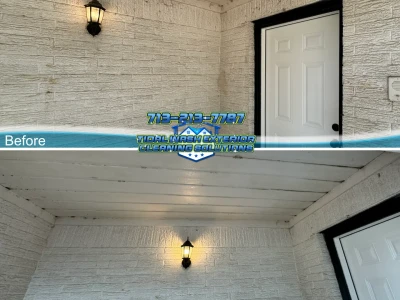Pasadena house wash before and after showing organic growth removal from painted brick and siding