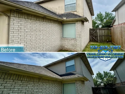 Rear brick and Hardie board house softwash before and after organic growth cleaning in Dickinson