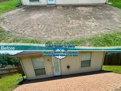 Bay Colony paver joints before and after washing grass and visible organic growth in Dickinson