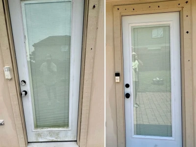 Rear door Hardie board edging soft wash before and after organic growth cleaning in Dickinson