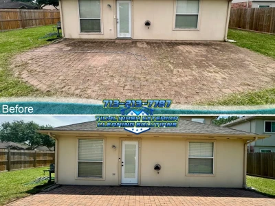 Dickinson rear patio paver cleaning before and after grass and organic growth removal