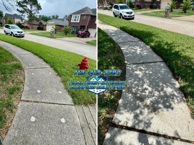 Dickinson sidewalk concrete before and after professional cleaning for visible organic growth
