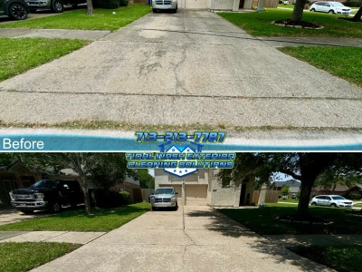 Dickinson driveway concrete cleaning before and after removing visible organic growth in Bay Colony