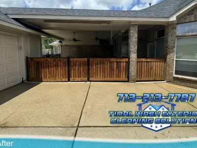 Wood fence after soft washing and sealer application in Pearland, TX