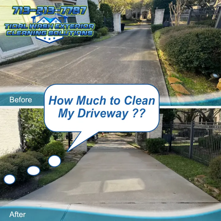 Restored residential concrete driveway after professional pressure washing by Tidal Wash in League City, TX. Clean surface free of stains, mold, and grime, showcasing like-new appearance.